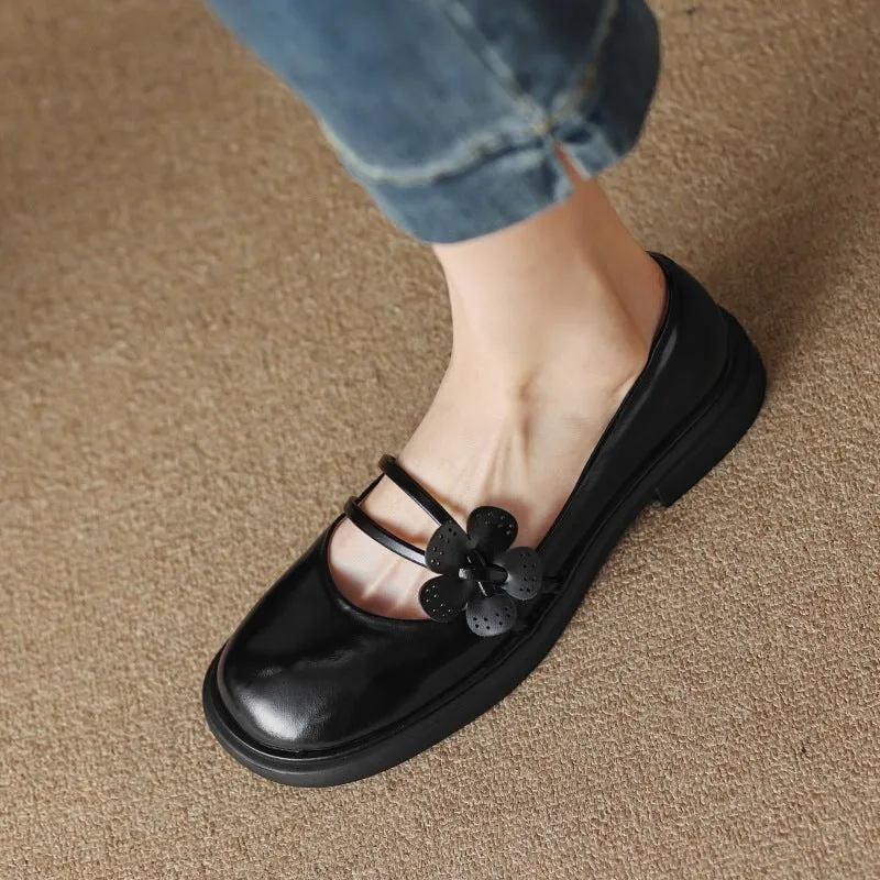Handmade Leather Mary Jane Flats with Flowers Detail Instep Strap in Green/Black/Beige