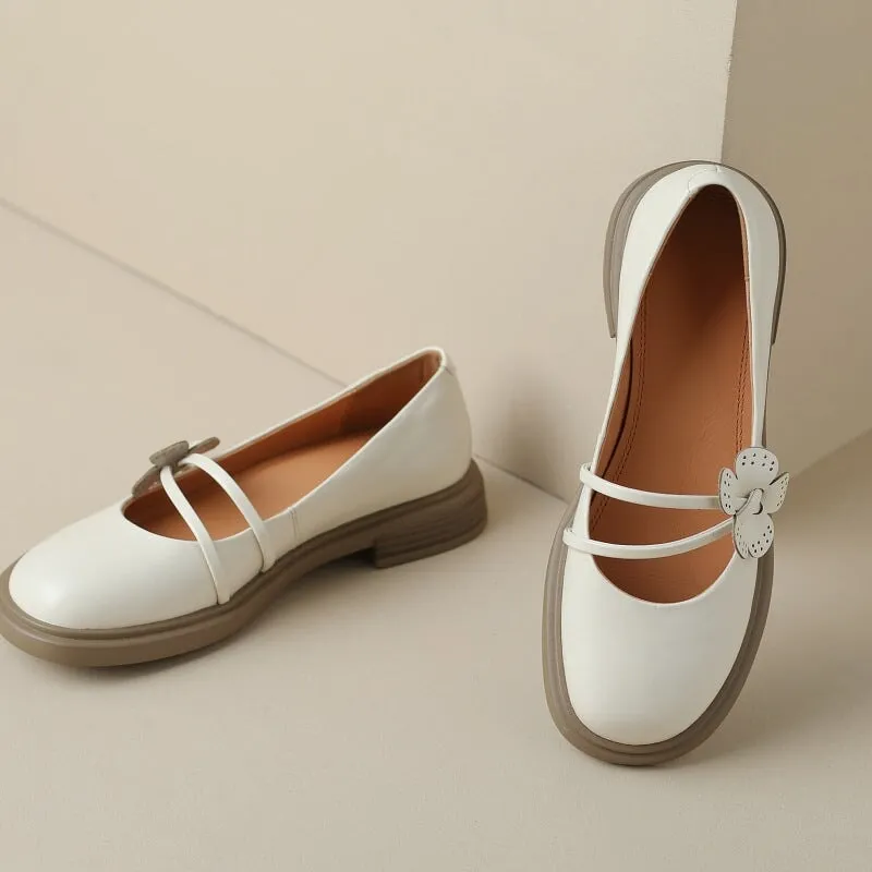 Handmade Leather Mary Jane Flats with Flowers Detail Instep Strap in Green/Black/Beige