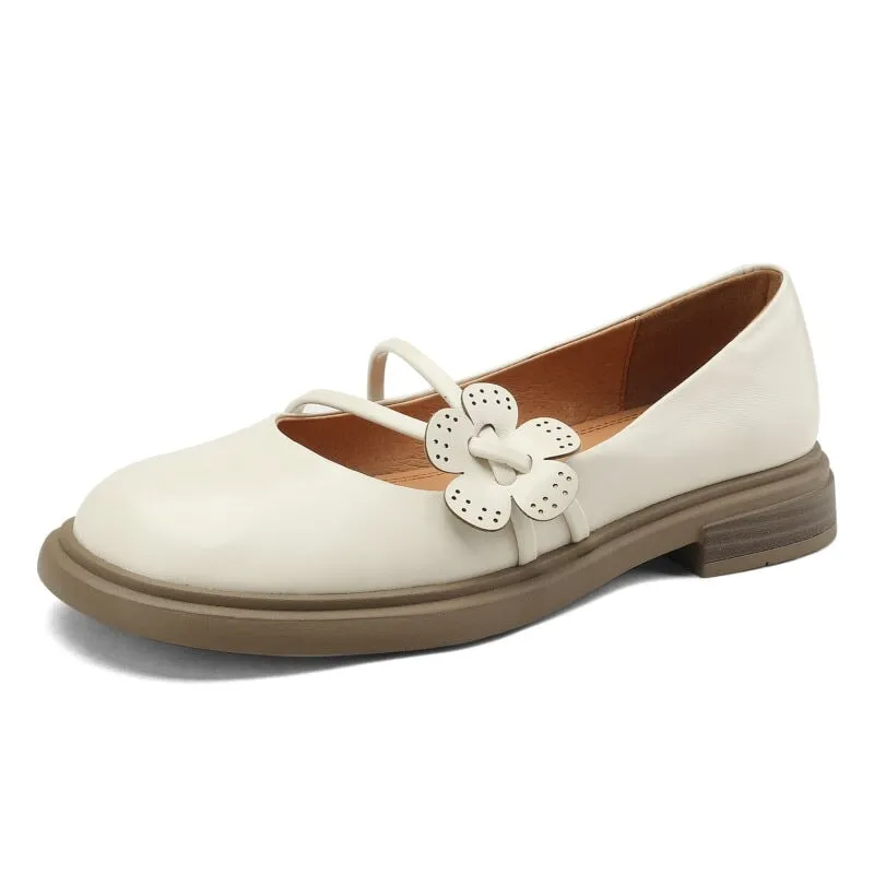 Handmade Leather Mary Jane Flats with Flowers Detail Instep Strap in Green/Black/Beige
