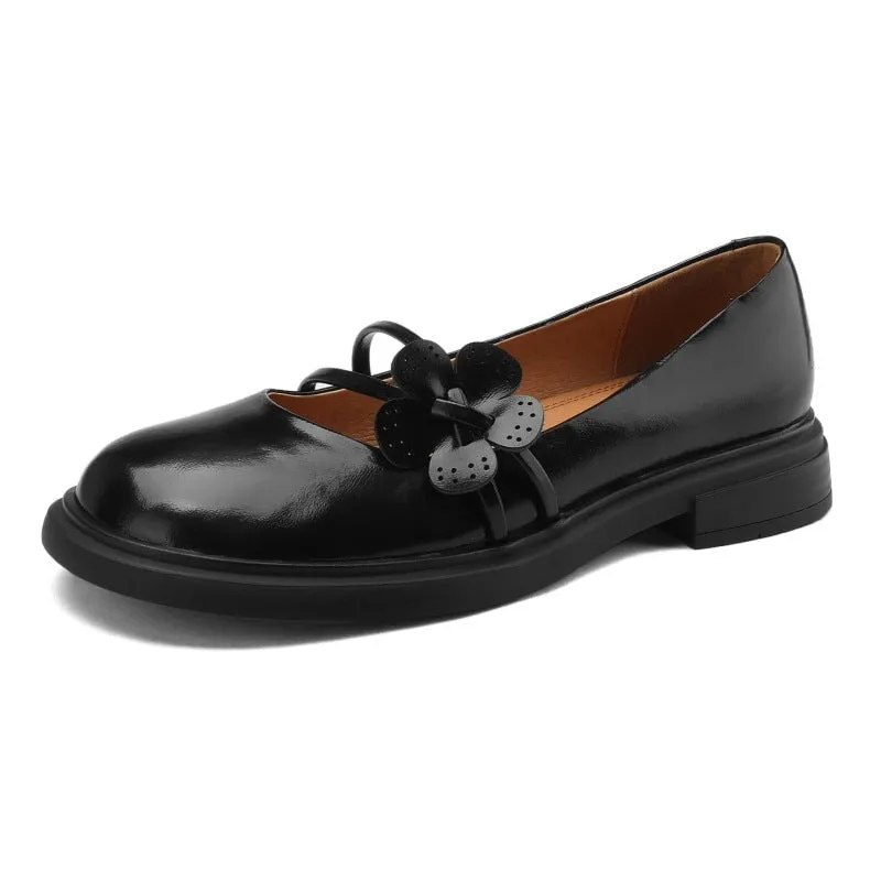 Handmade Leather Mary Jane Flats with Flowers Detail Instep Strap in Green/Black/Beige