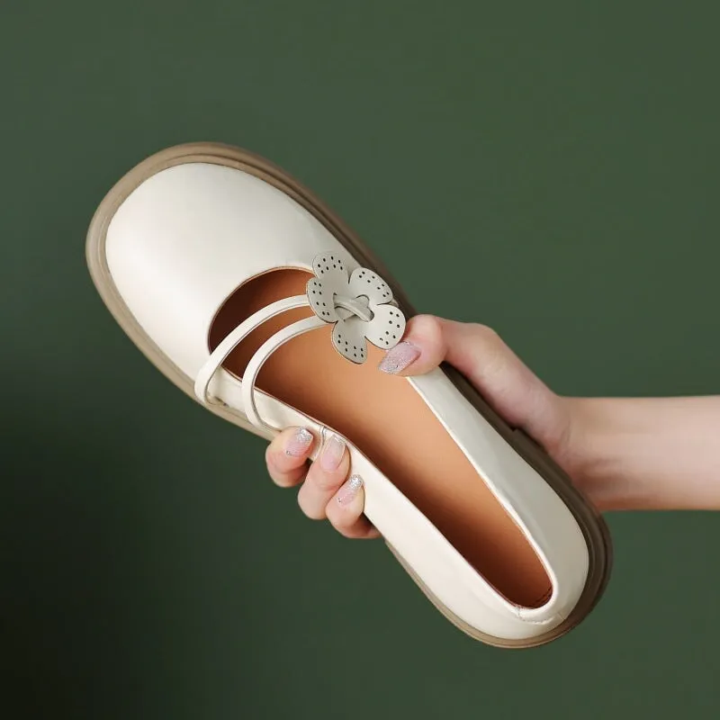 Handmade Leather Mary Jane Flats with Flowers Detail Instep Strap in Green/Black/Beige
