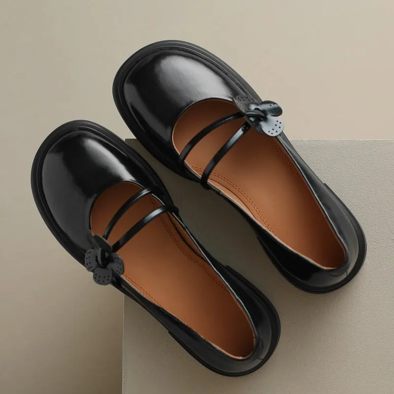 Handmade Leather Mary Jane Flats with Flowers Detail Instep Strap in Green/Black/Beige