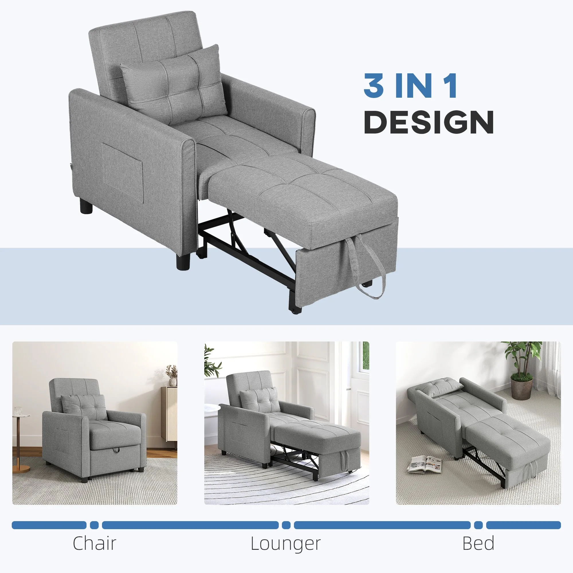 HOMCOM Linen-Look Single Chair Bed - Light Grey