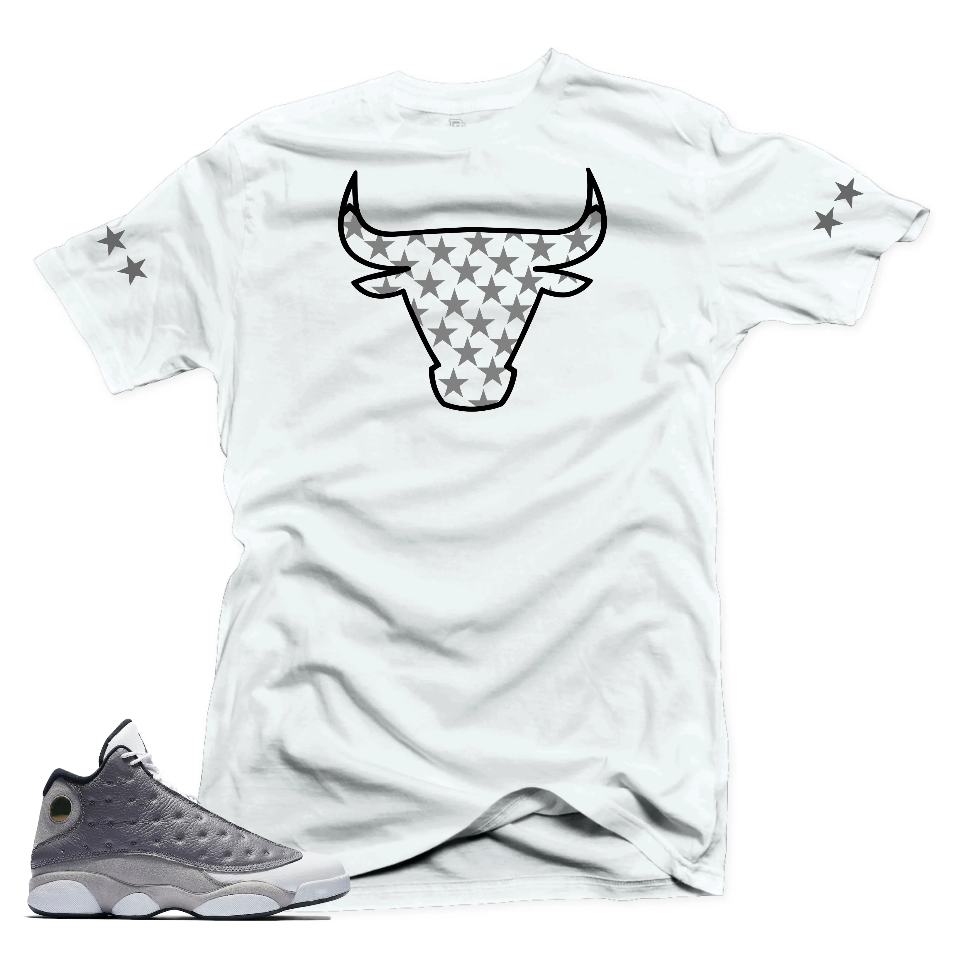 Jordan 13 Atmosphere Grey Retro Match Shirts-Bull Stars White Tee