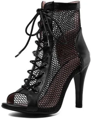 JXUZY Women's Lace-up Mesh Sandals Jazz Dance High Heels Peep Toe Ankle Boots