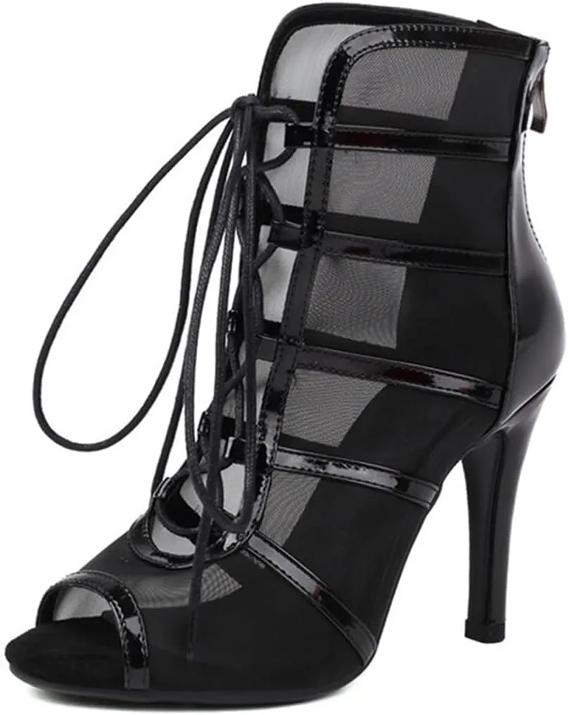 JXUZY Women's Sexy Mesh Jazz Modern Dance Shoes Lace-up Stiletto Heel Summer Ankle Booties