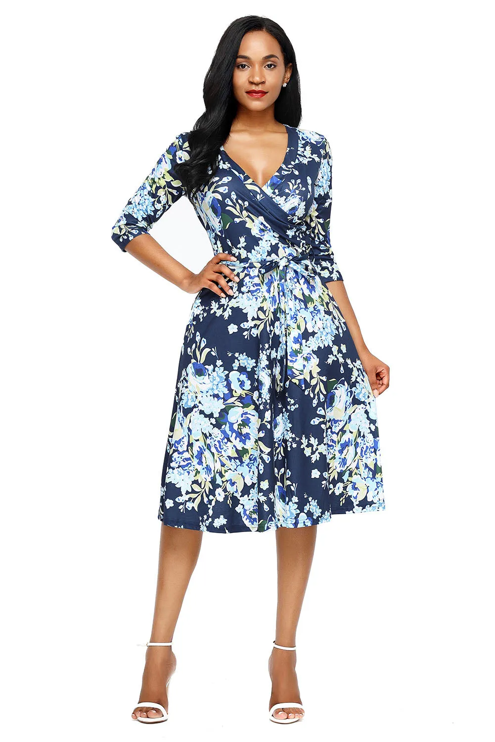 Light Blue Blossom Print Navy Wrap Floral Dress