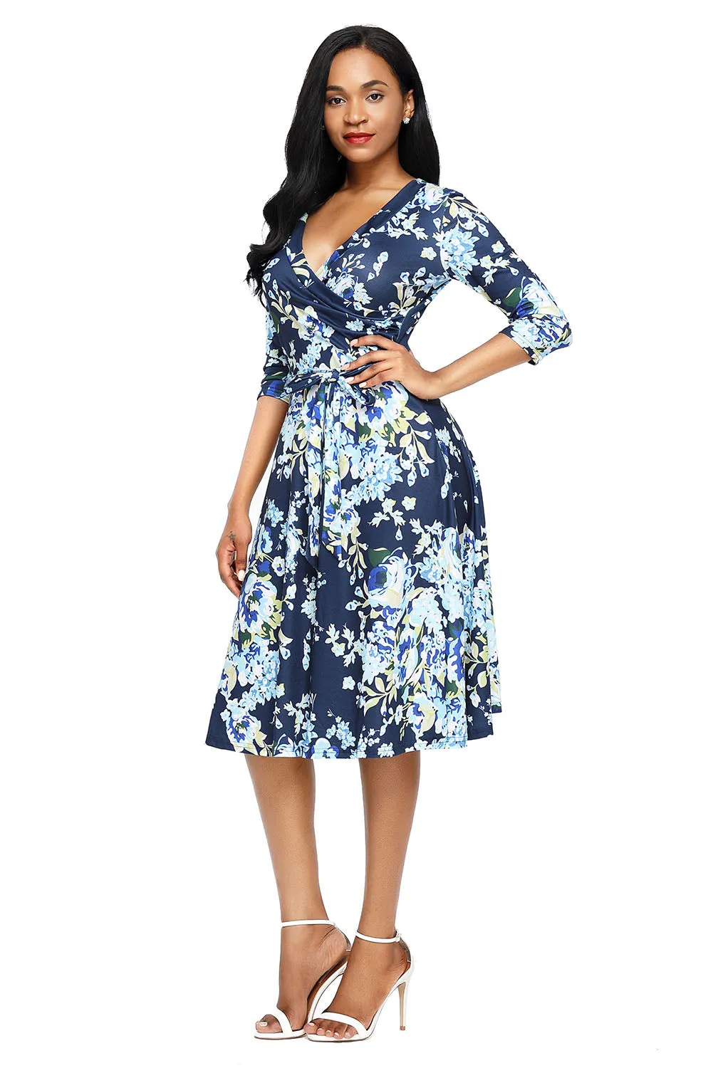 Light Blue Blossom Print Navy Wrap Floral Dress