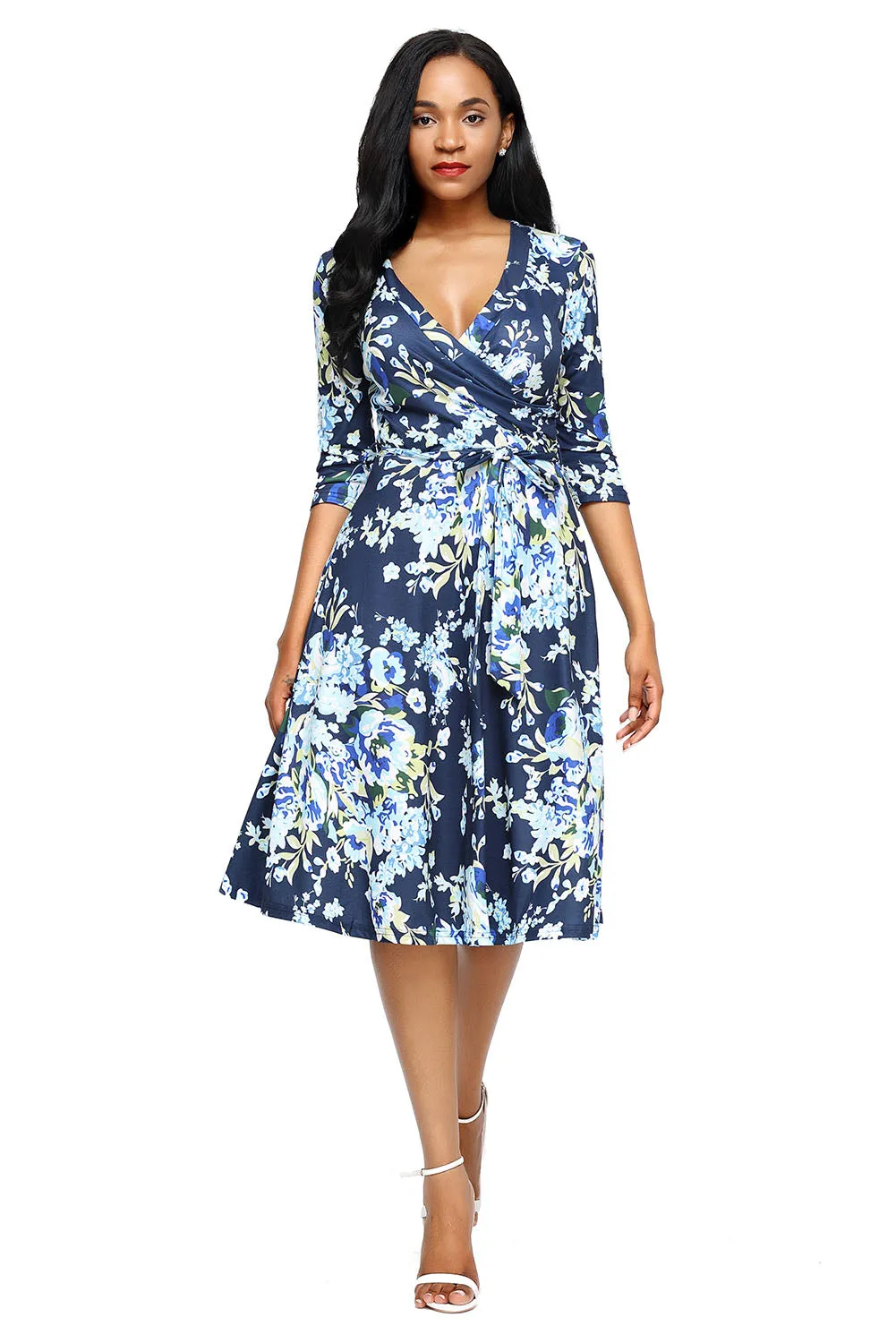 Light Blue Blossom Print Navy Wrap Floral Dress