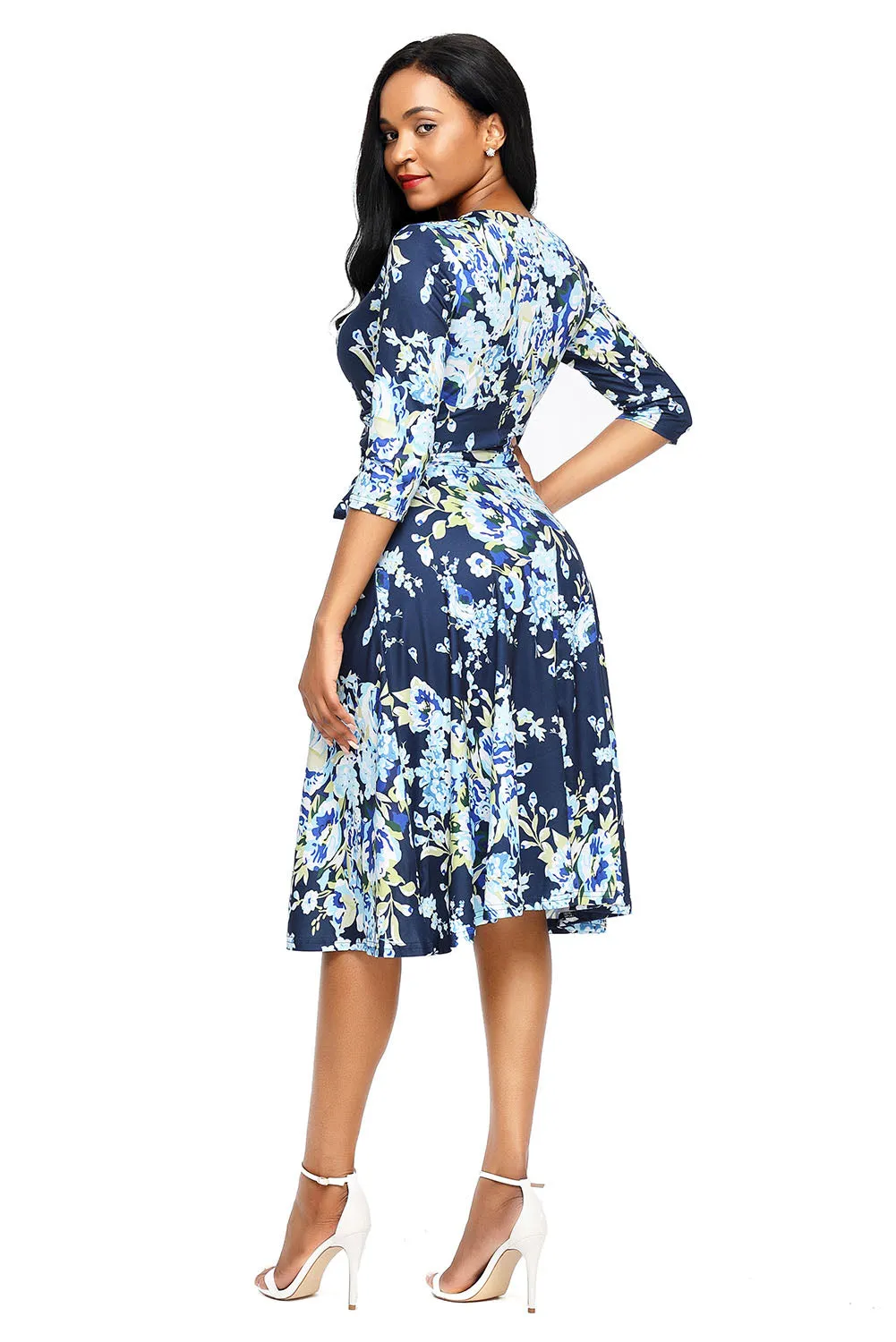 Light Blue Blossom Print Navy Wrap Floral Dress