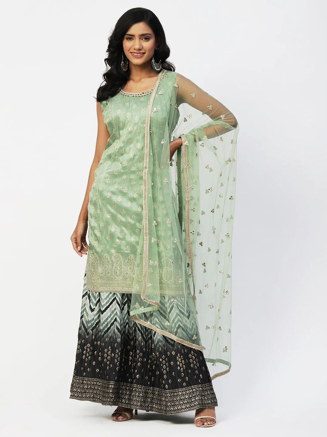 Light Green Dola Silk Sharara Suit with Embroidery