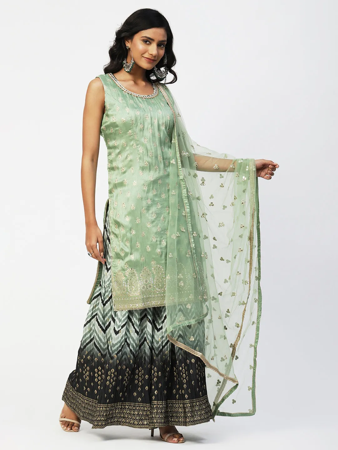Light Green Dola Silk Sharara Suit with Embroidery
