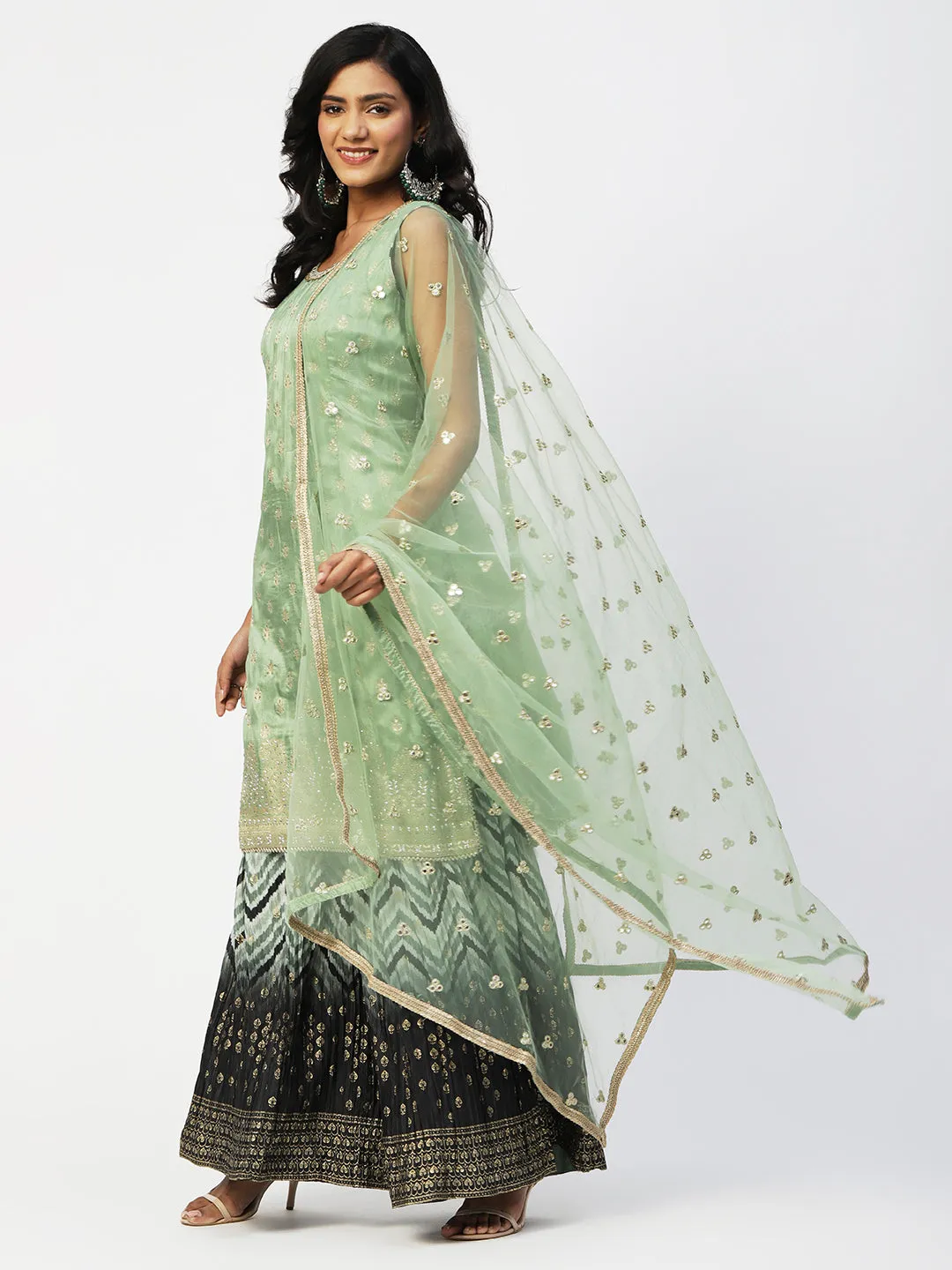 Light Green Dola Silk Sharara Suit with Embroidery