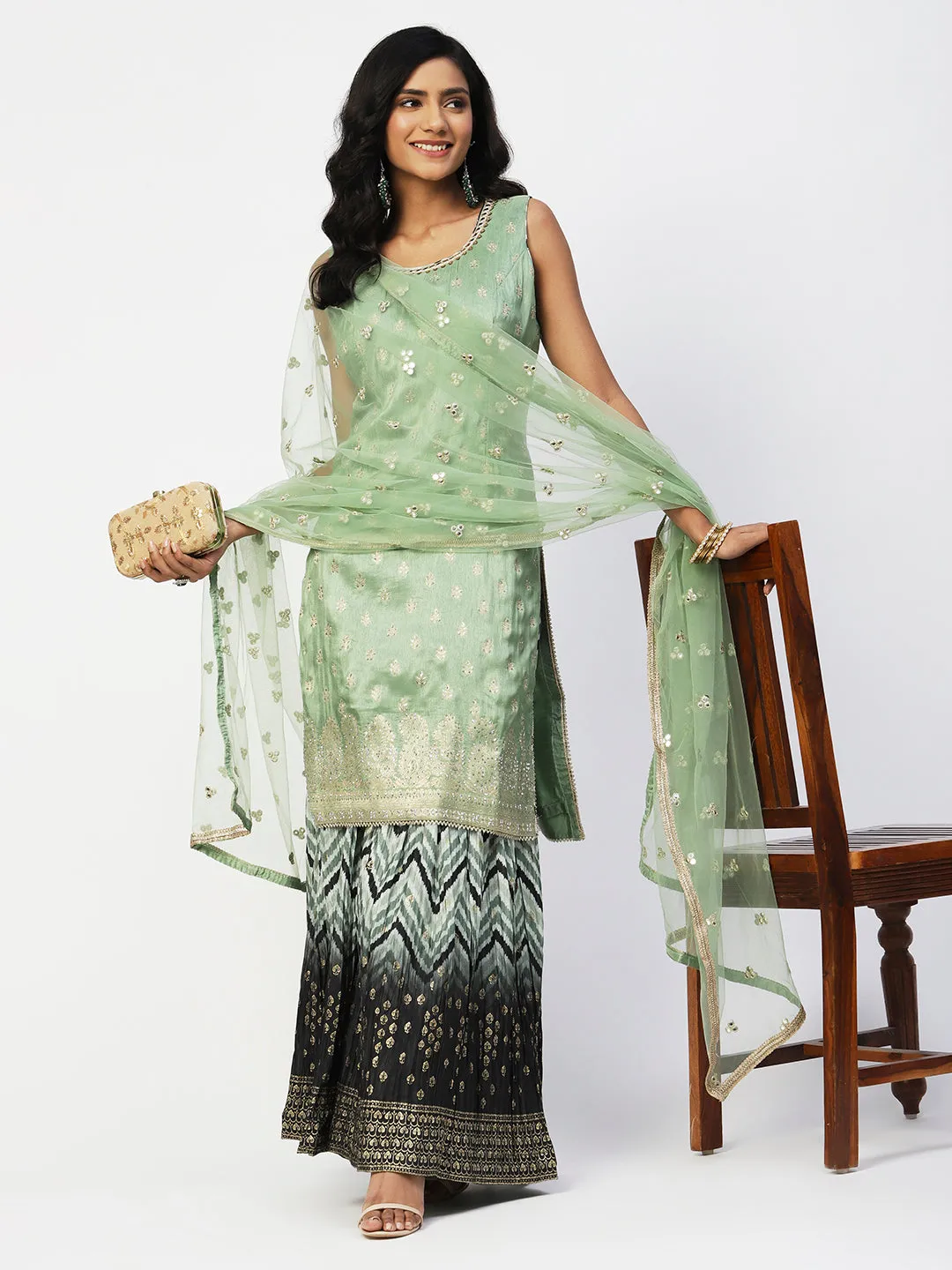 Light Green Dola Silk Sharara Suit with Embroidery