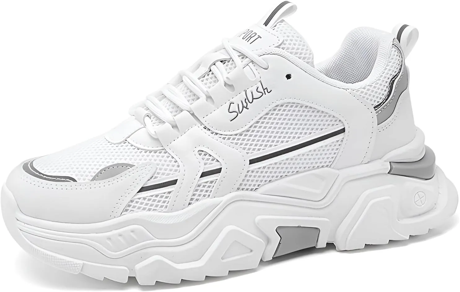lilaBelle]Hidden Height Increase Men's Dad Shoes Summer Breathable Sneakers with Concealed Lift, Comfortable Casual Sports Shoes for Outdoor Walking, Fashion White Chunky Trainers (Mesh & Rubber)