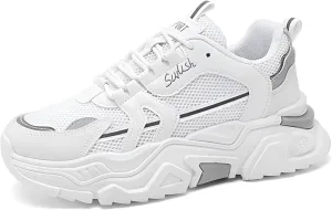 lilaBelle]Hidden Height Increase Men's Dad Shoes Summer Breathable Sneakers with Concealed Lift, Comfortable Casual Sports Shoes for Outdoor Walking, Fashion White Chunky Trainers (Mesh & Rubber)