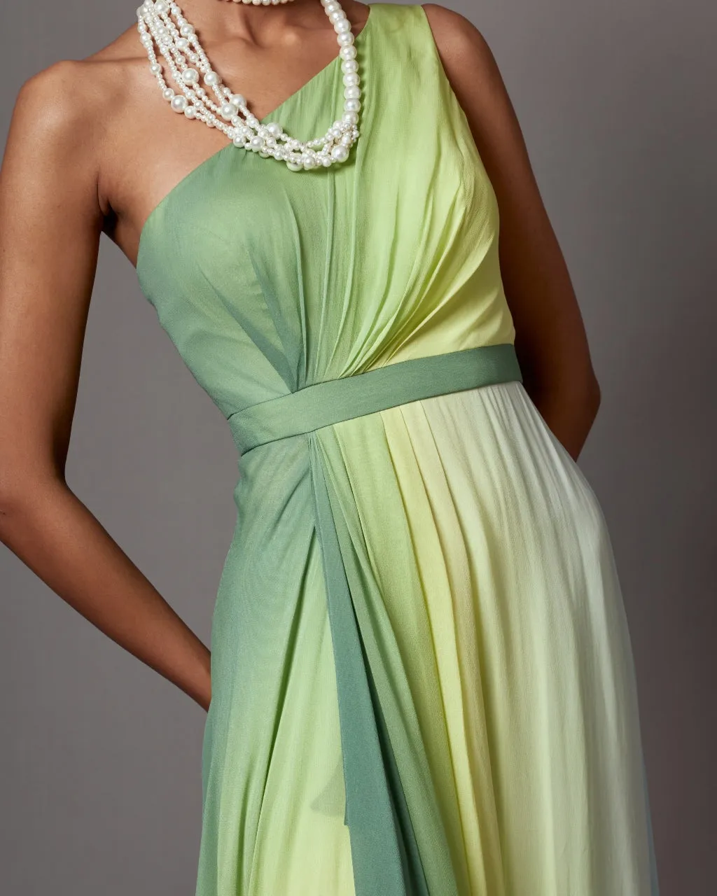 Lime Ombre Dusk One Shoulder Gown Set