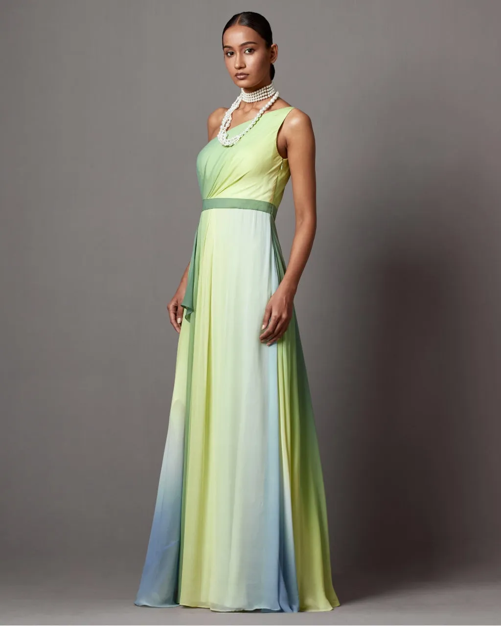 Lime Ombre Dusk One Shoulder Gown Set