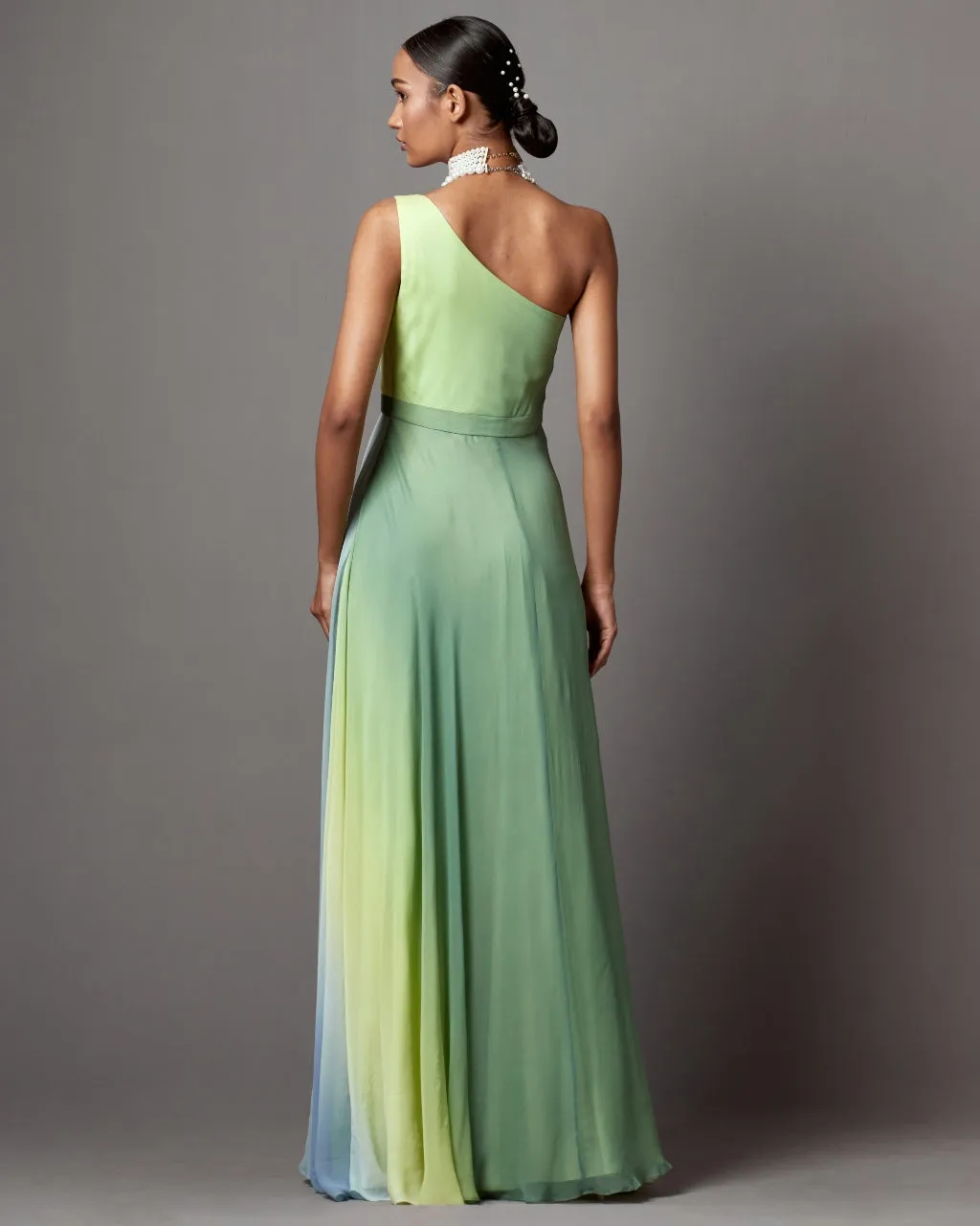 Lime Ombre Dusk One Shoulder Gown Set