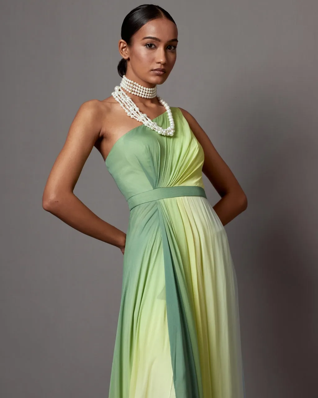 Lime Ombre Dusk One Shoulder Gown Set