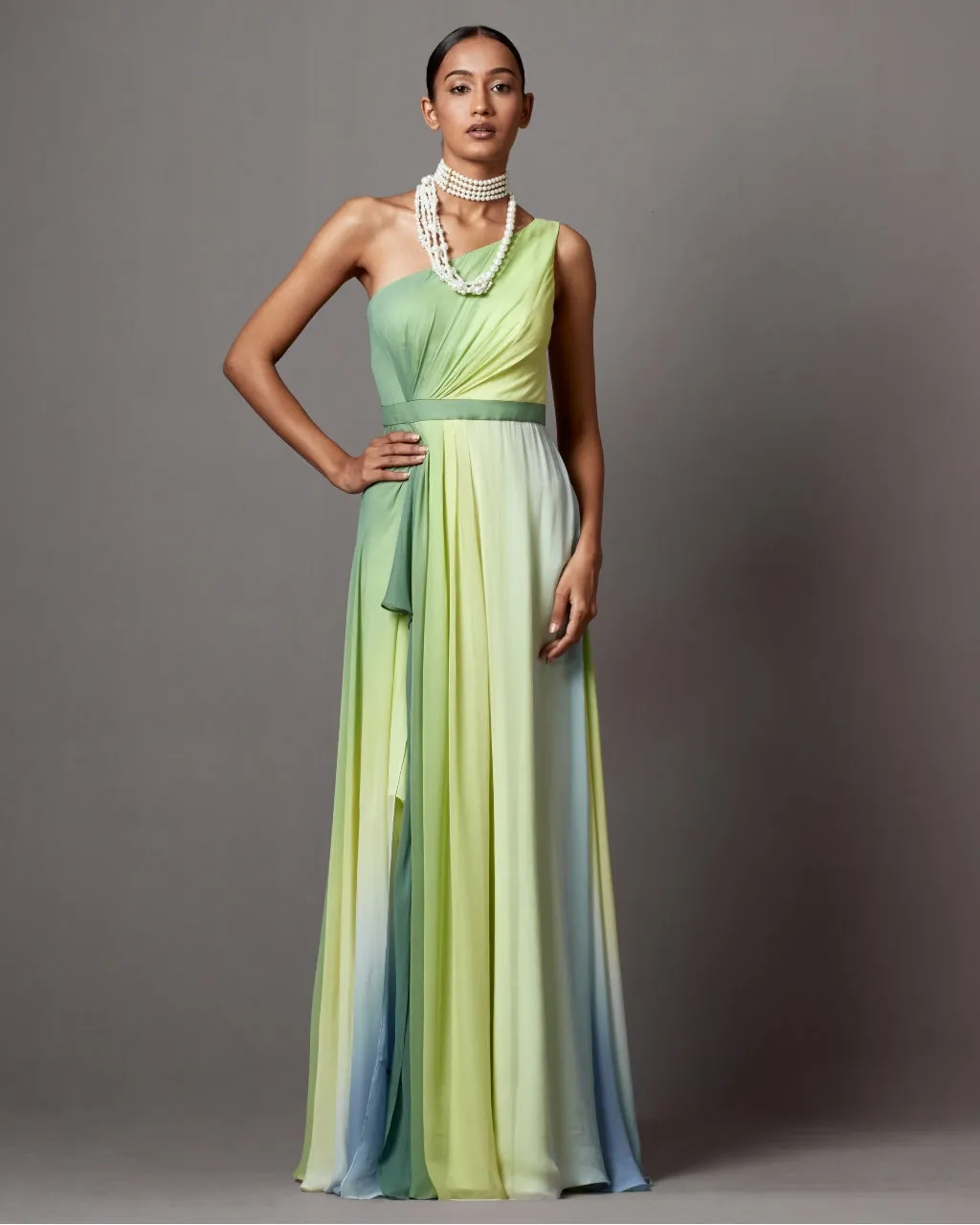 Lime Ombre Dusk One Shoulder Gown Set