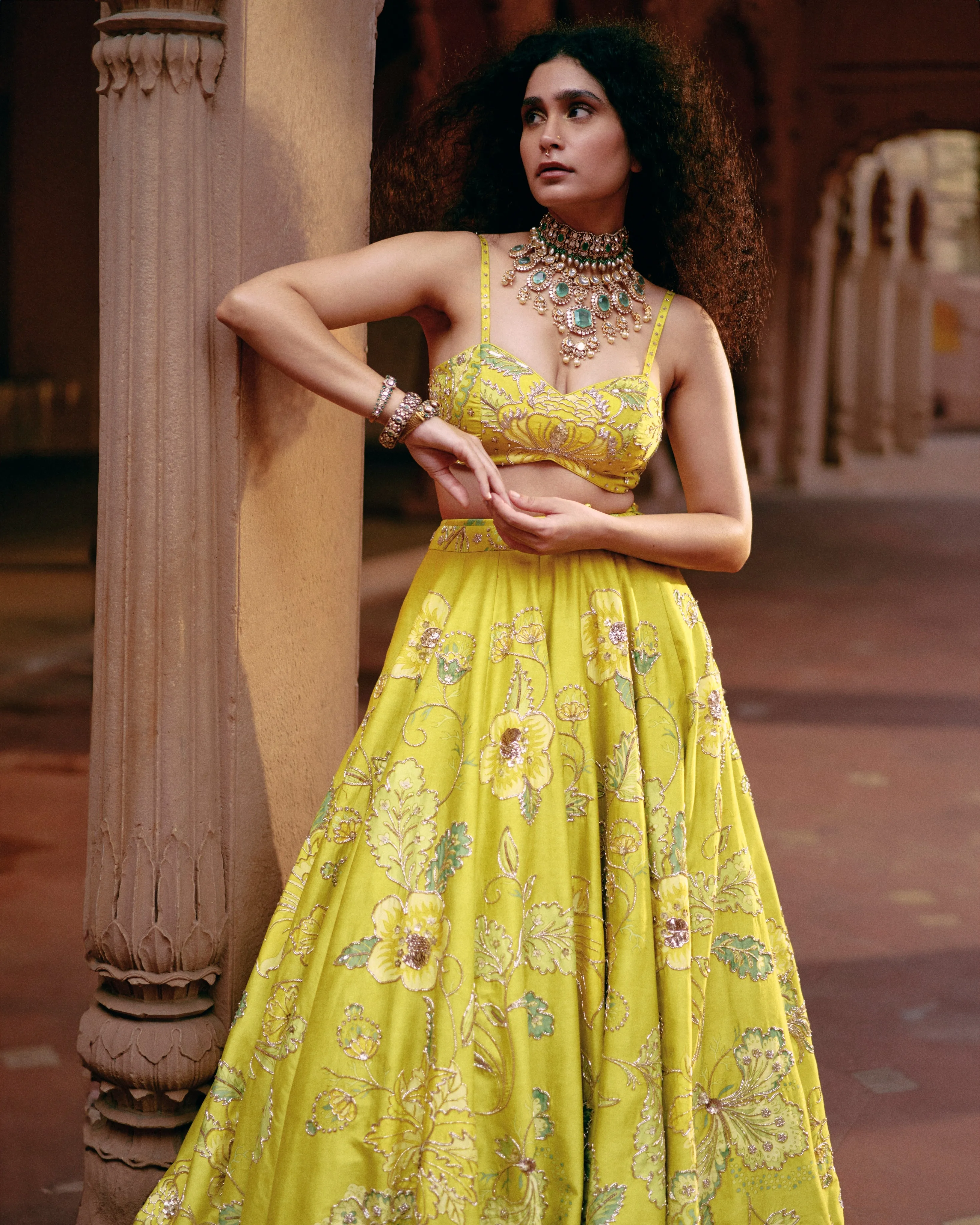 Lime Yellow Chintz Printed Lehenga Set