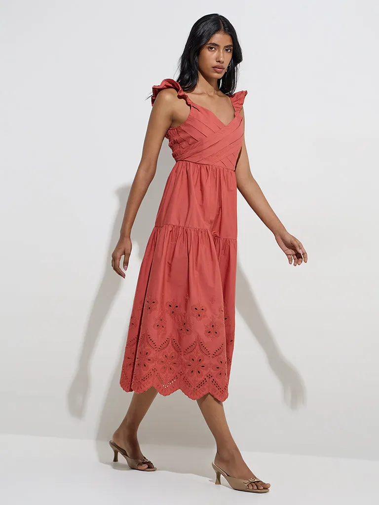 LOV Rust Schiffli Detailed Cotton Tiered Dress