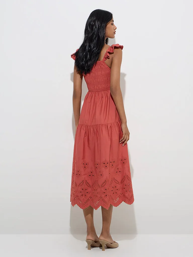 LOV Rust Schiffli Detailed Cotton Tiered Dress