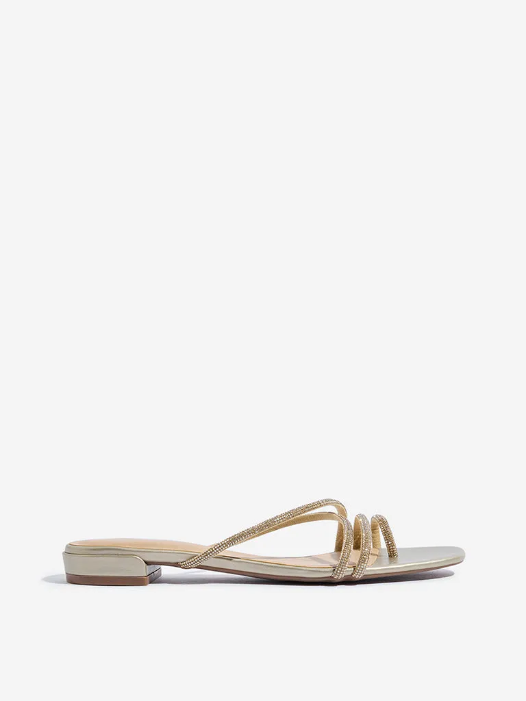 LUNA BLU Gold Diamante Multi Strap Slides