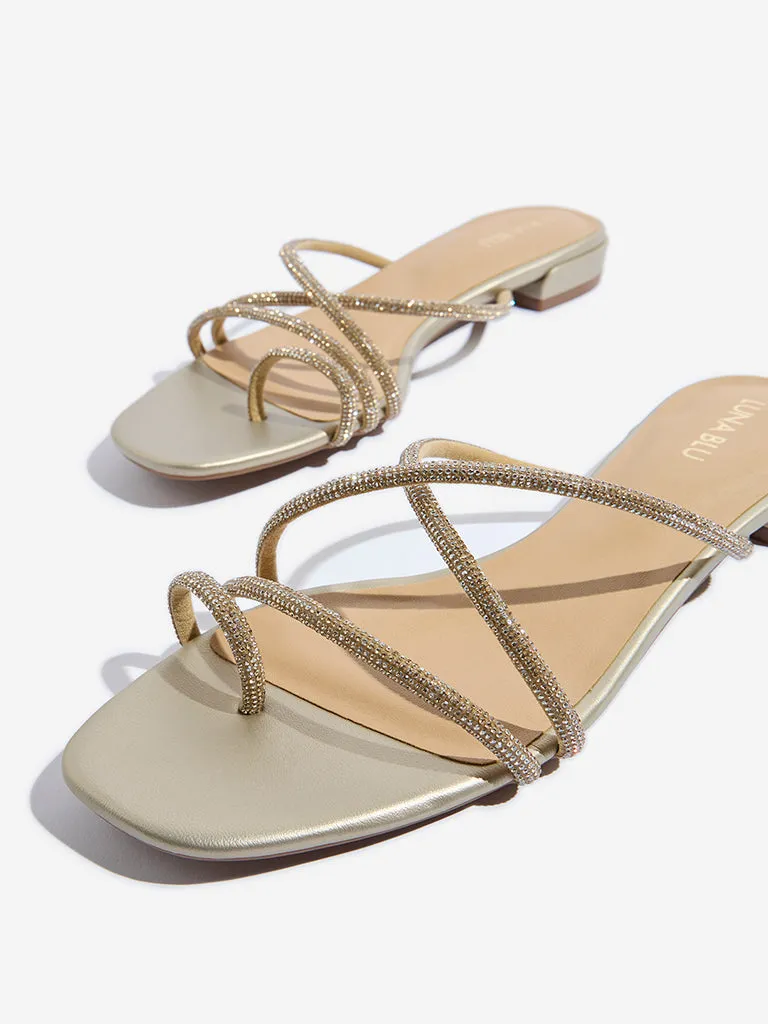 LUNA BLU Gold Diamante Multi Strap Slides