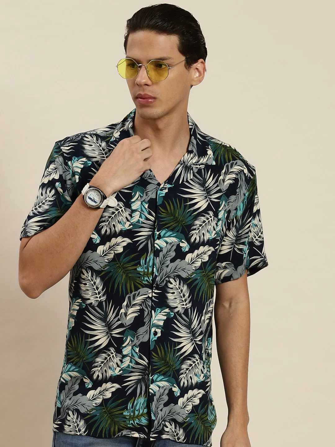 Men Navy & Grey Printed Viscose Rayon Regular Fit Casual Shirt