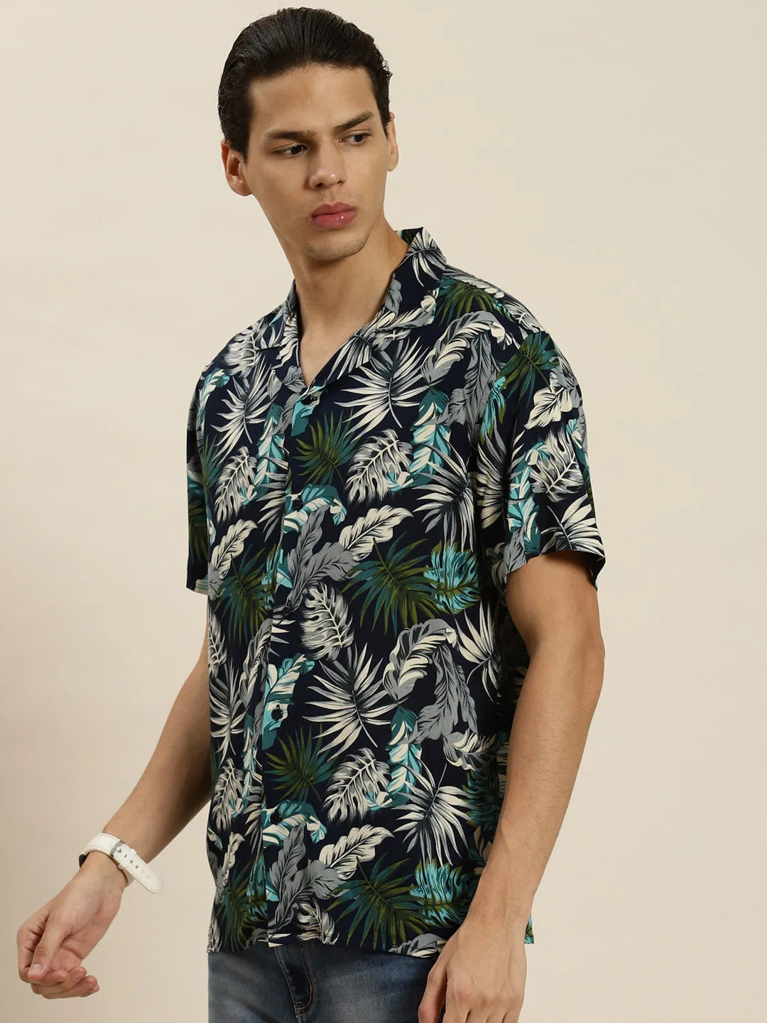 Men Navy & Grey Printed Viscose Rayon Regular Fit Casual Shirt
