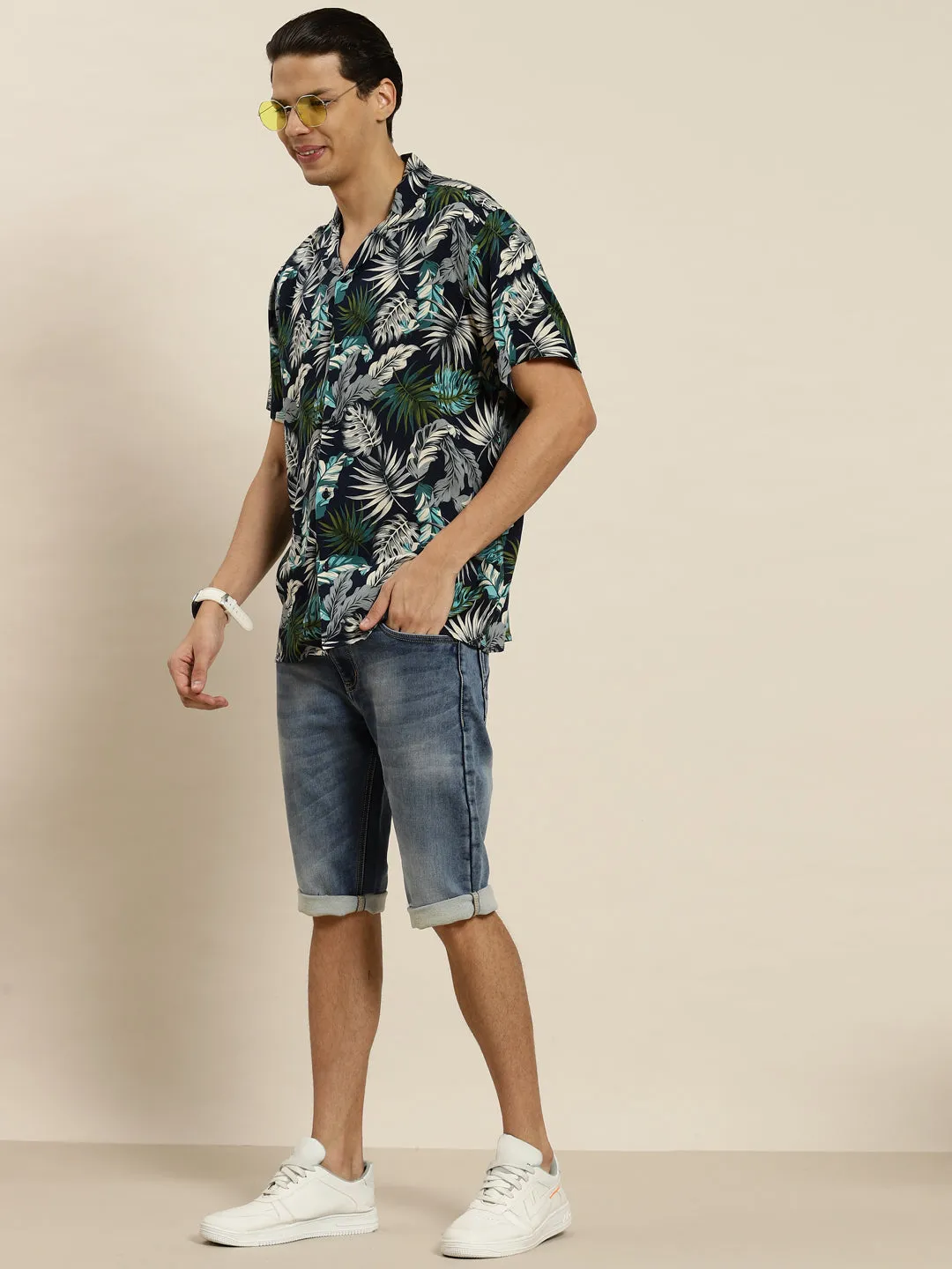 Men Navy & Grey Printed Viscose Rayon Regular Fit Casual Shirt