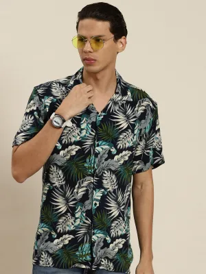 Men Navy & Grey Printed Viscose Rayon Regular Fit Casual Shirt