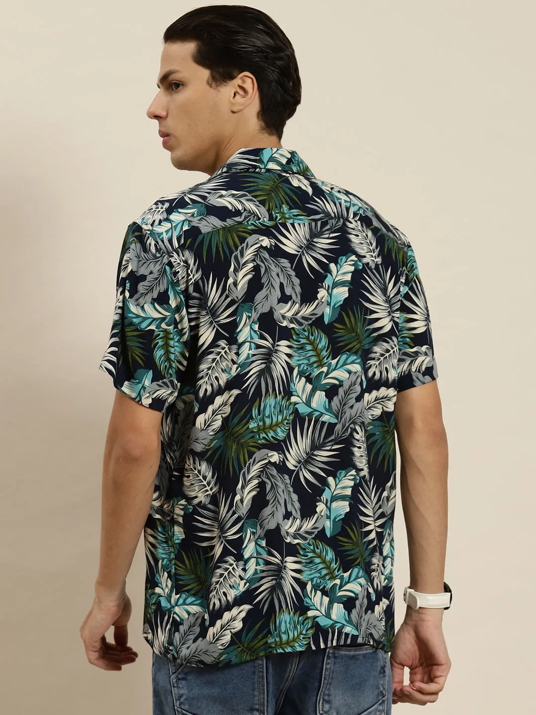 Men Navy & Grey Printed Viscose Rayon Regular Fit Casual Shirt