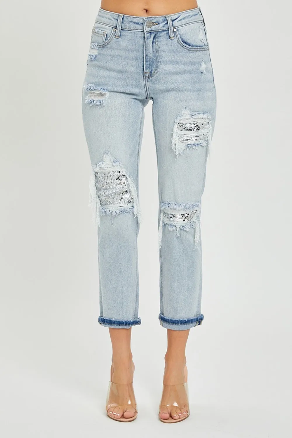 Mid-Rise Sequin Patched Jeans