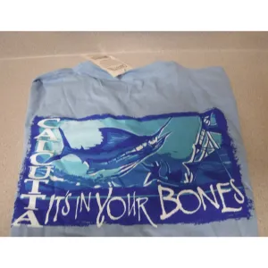 New Authentic Calcutta Short Sleeve Shirt Light Blue/ Front Origianl Logo/ Back Marlin It's in Your Bones