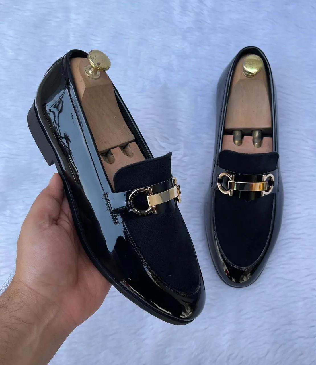 New Buckle Design Suede Patent Black Moccasins-Jack Marc