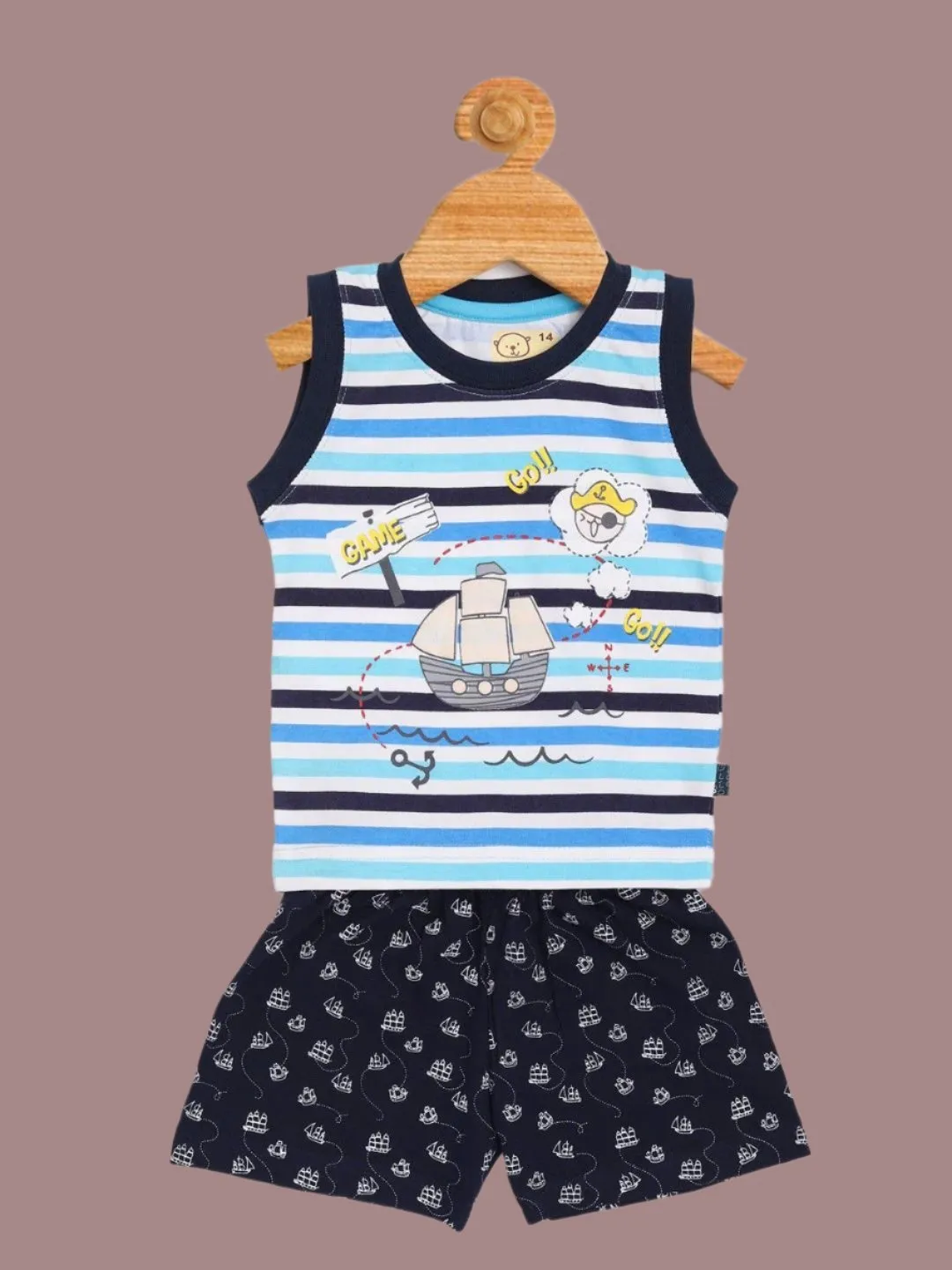 Olio Kids Baby Boys' Blue Striped Sailboat Tank Top and Printed Shorts Set