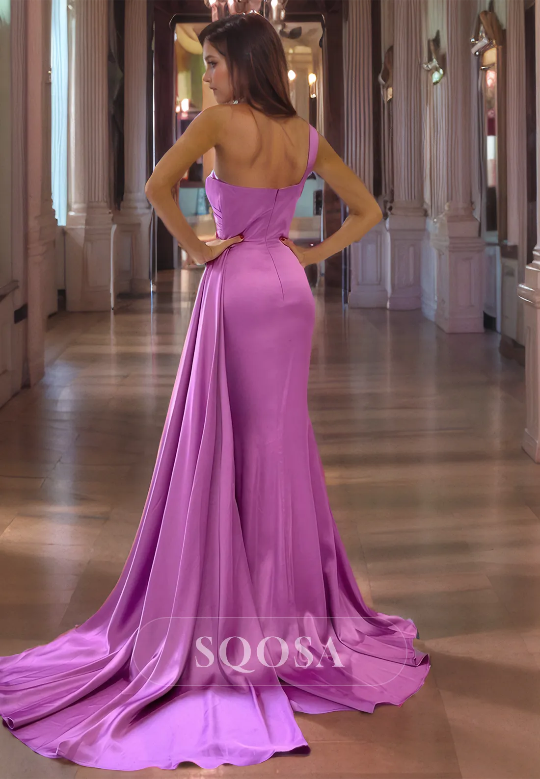 One Shoulder Satin Ruched Mermaid Formal Evening Dress with Train