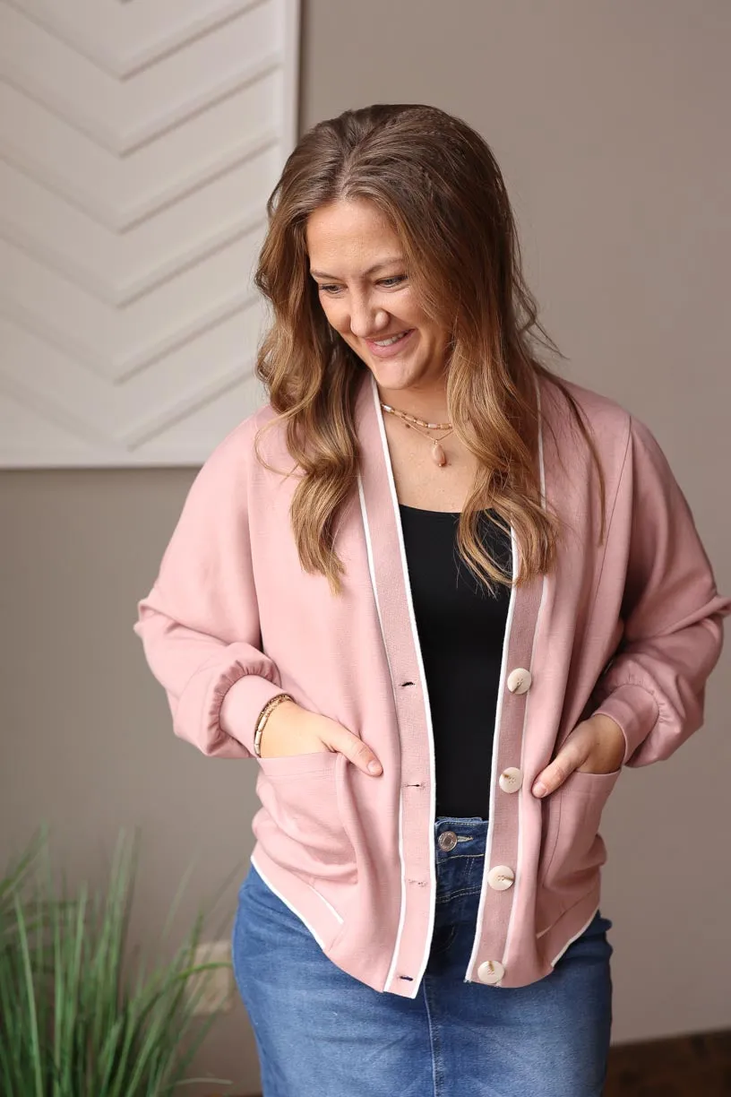 Pink V-Neck Button Knit Cardigan