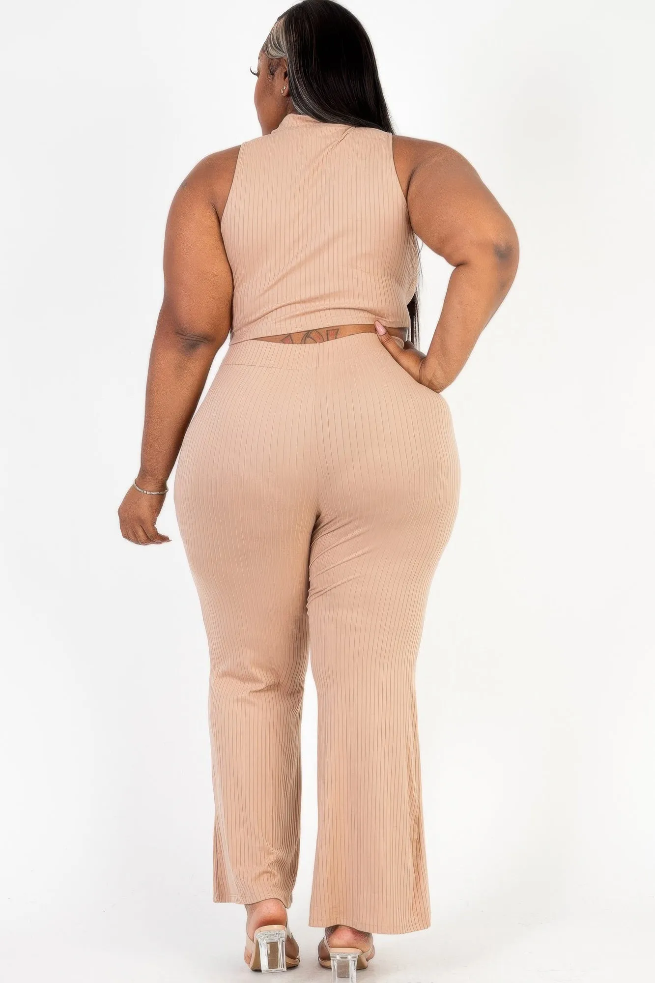 Plus Size Ribbed Mock Neck Crop Tank Top& Bootcut Pants Set Color Options: Available in Burgundy, Brown, Taupe, and Toffee