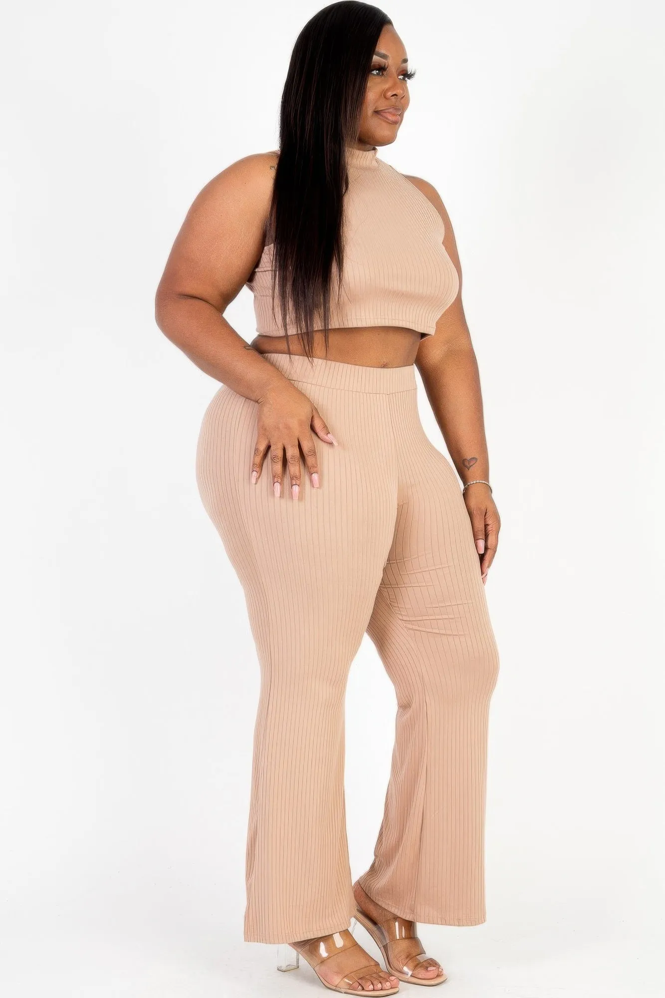 Plus Size Ribbed Mock Neck Crop Tank Top& Bootcut Pants Set Color Options: Available in Burgundy, Brown, Taupe, and Toffee