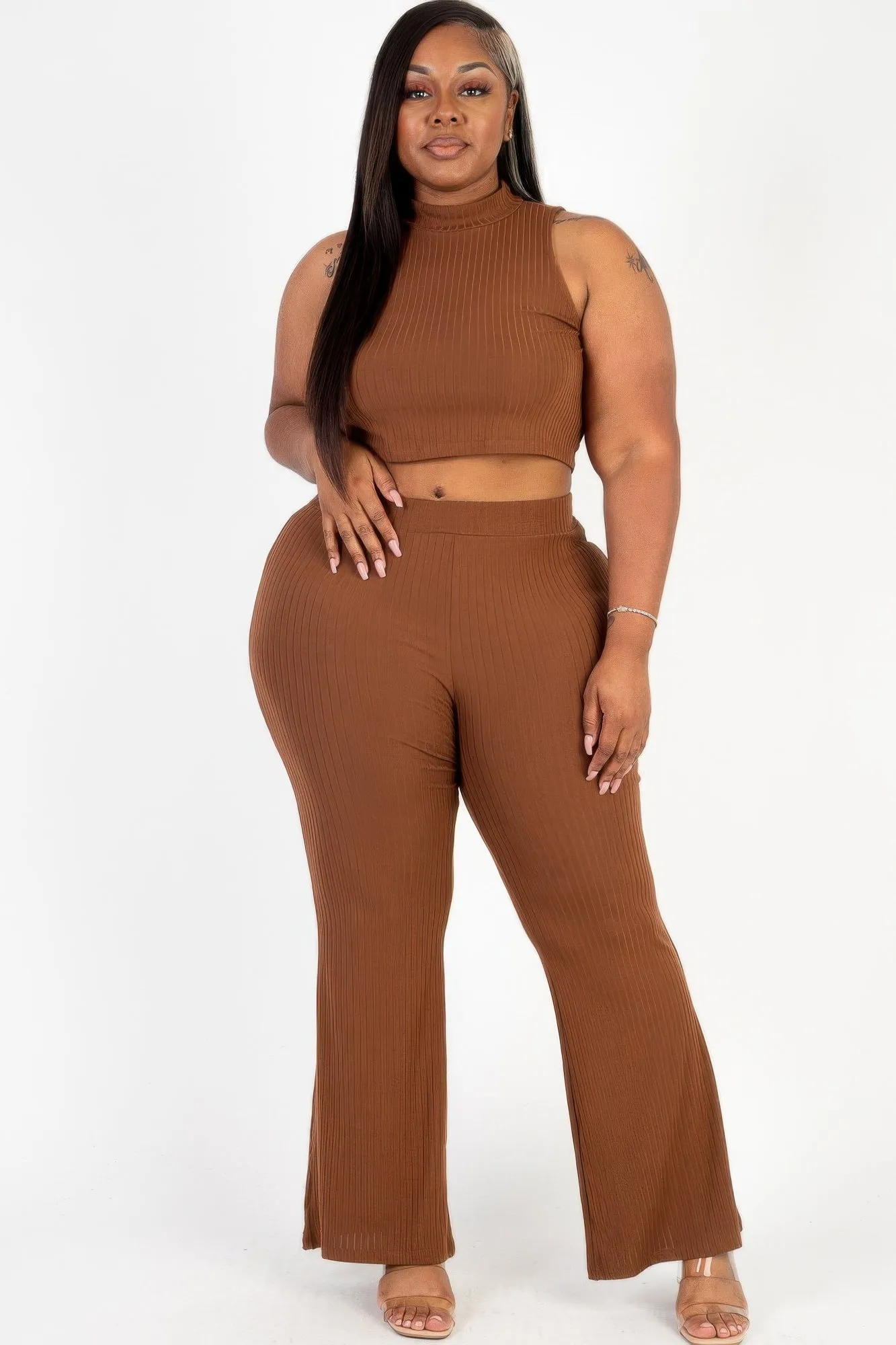 Plus Size Ribbed Mock Neck Crop Tank Top& Bootcut Pants Set Color Options: Available in Burgundy, Brown, Taupe, and Toffee