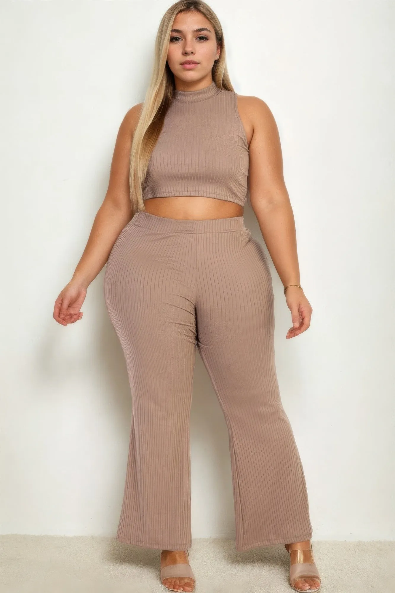Plus Size Ribbed Mock Neck Crop Tank Top& Bootcut Pants Set Color Options: Available in Burgundy, Brown, Taupe, and Toffee