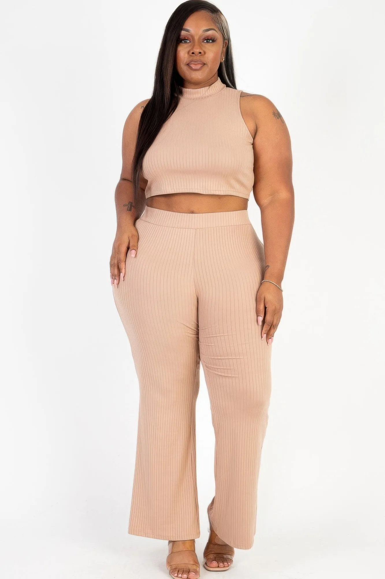 Plus Size Ribbed Mock Neck Crop Tank Top& Bootcut Pants Set Color Options: Available in Burgundy, Brown, Taupe, and Toffee