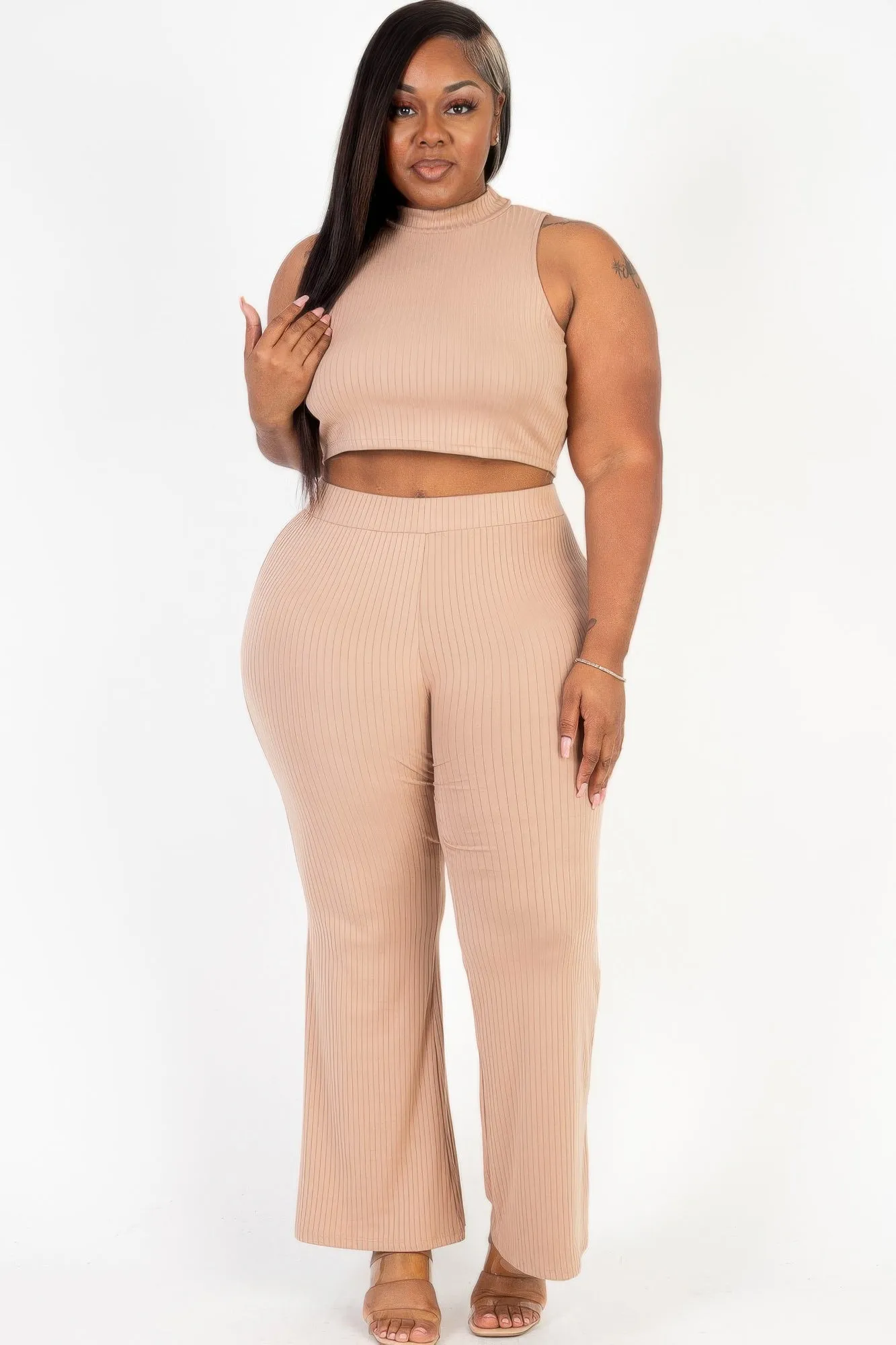 Plus Size Ribbed Mock Neck Crop Tank Top& Bootcut Pants Set Color Options: Available in Burgundy, Brown, Taupe, and Toffee