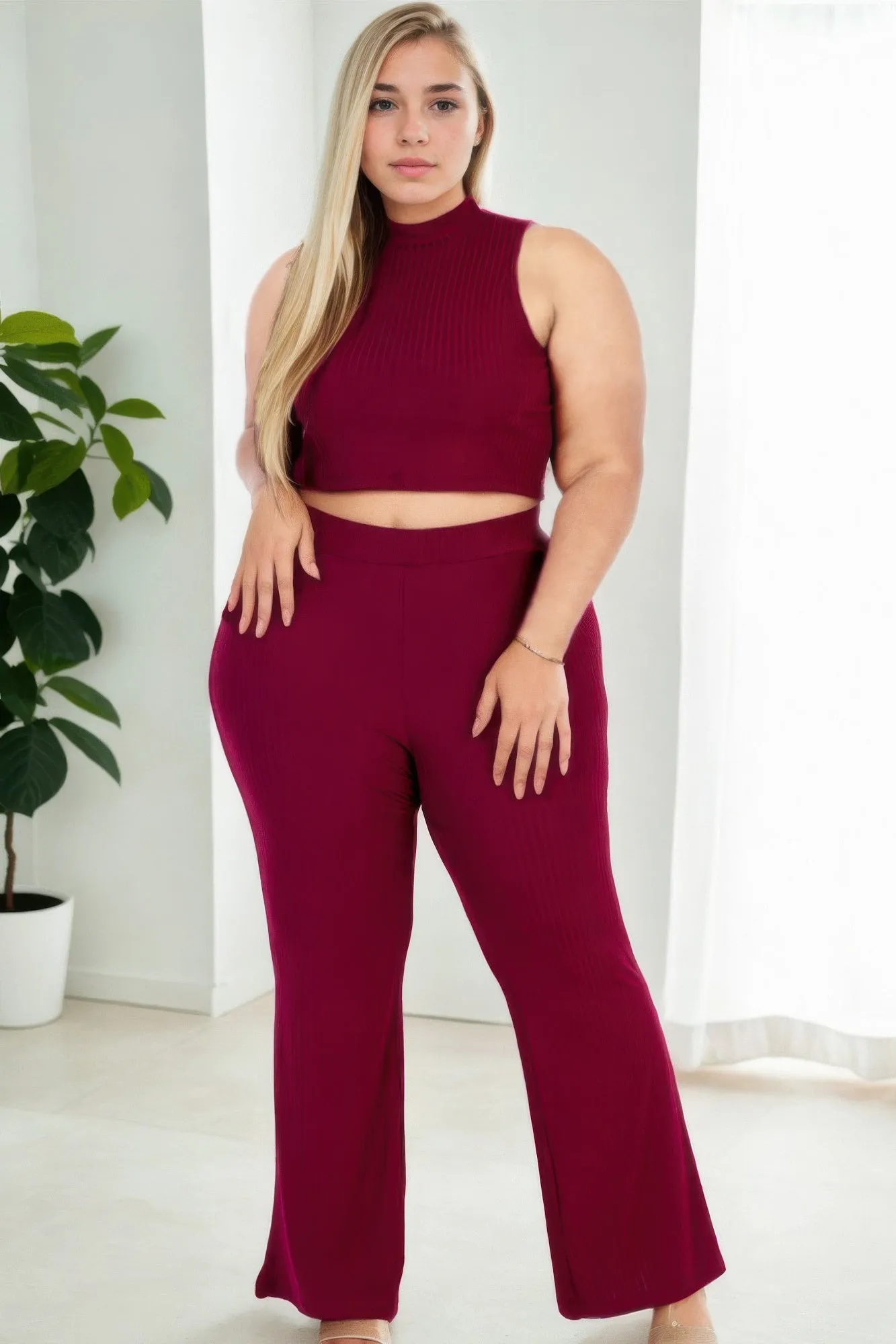 Plus Size Ribbed Mock Neck Crop Tank Top& Bootcut Pants Set Color Options: Available in Burgundy, Brown, Taupe, and Toffee
