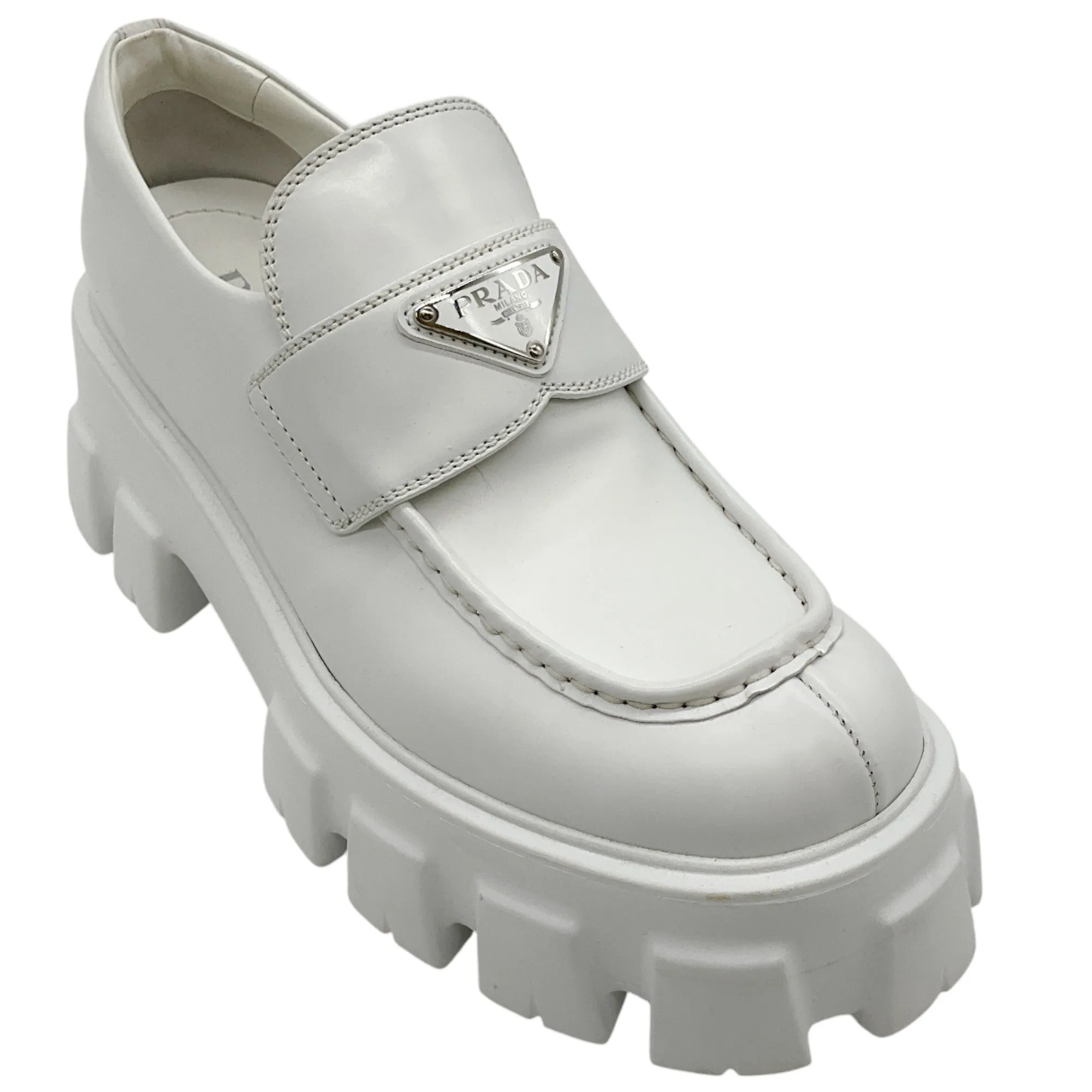 Prada White Leather Monolith Chunky Loafers
