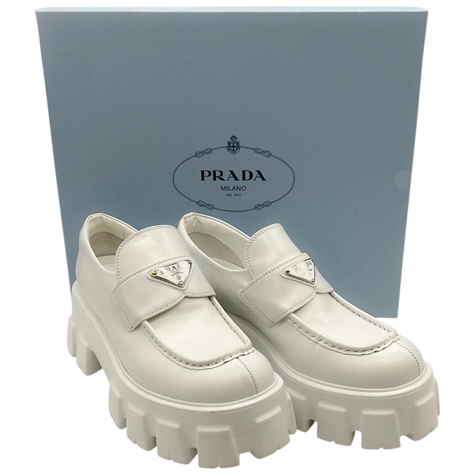 Prada White Leather Monolith Chunky Loafers